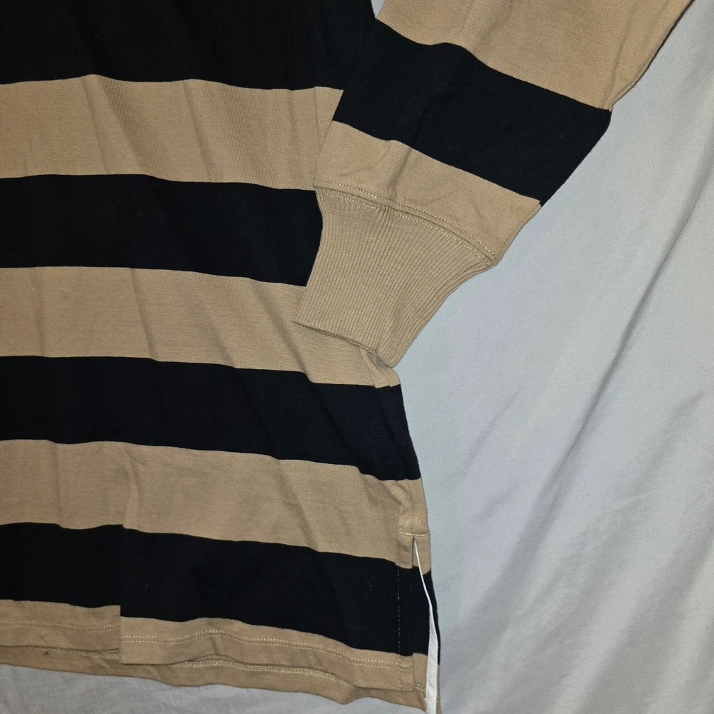 Good American Rugby Shirt M Mens Khaki Black Striped Long Sleeve GDK0376 - Picture 2 of 7